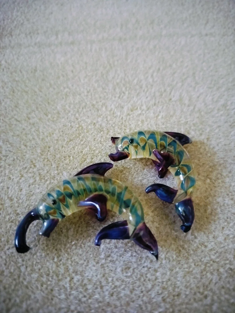 Vintage Hand Blown Mini Glass Dolphin Figurines Pair Purple Teal Swirl Set Of 2